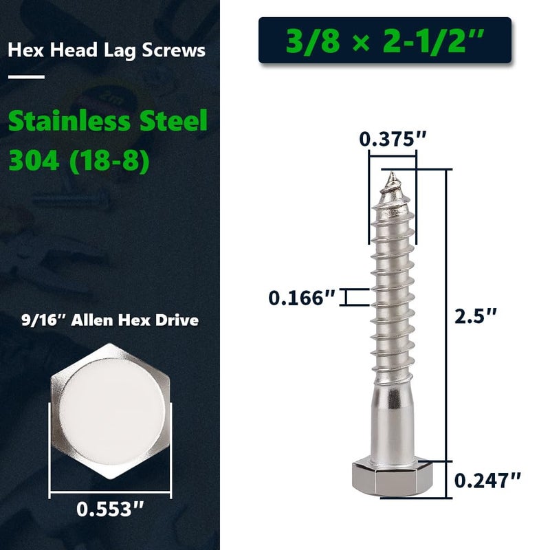 RoyceMart 10-Sets 3/8 x 2-1/2" Hex Head Lag Screws & Flat Washers, Heavy Duty Lag Wood Screws, 304 Stainless Steel (18-8), 3/8" Bolt - Image 2